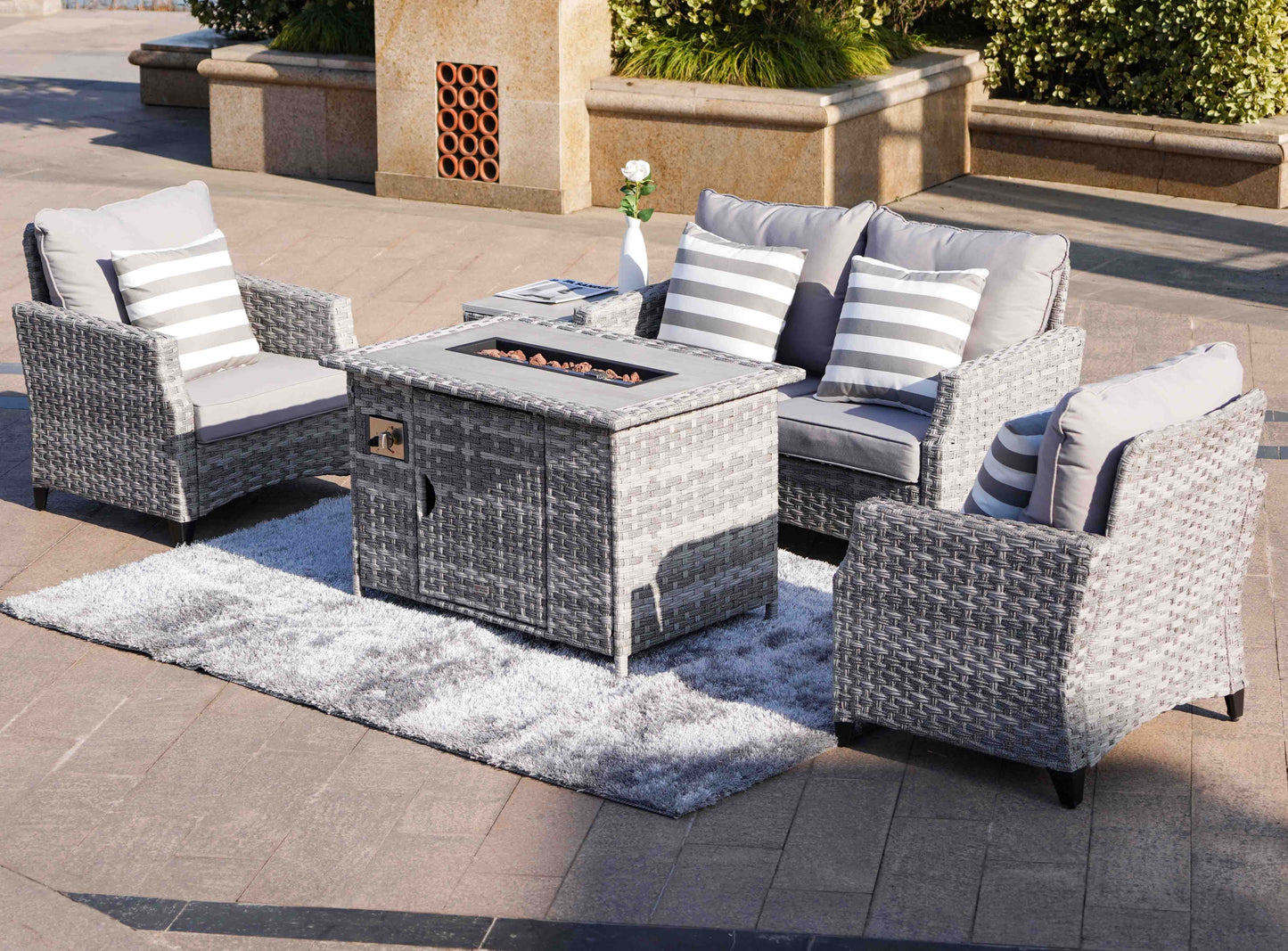 Rattan 4 Seat Outdoor Gas Fire Pit Sofa Set