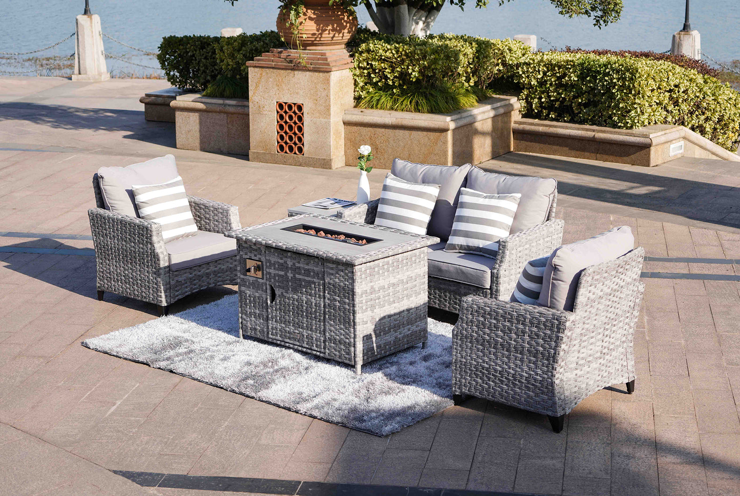 Rattan 4 Seat Outdoor Gas Fire Pit Sofa Set