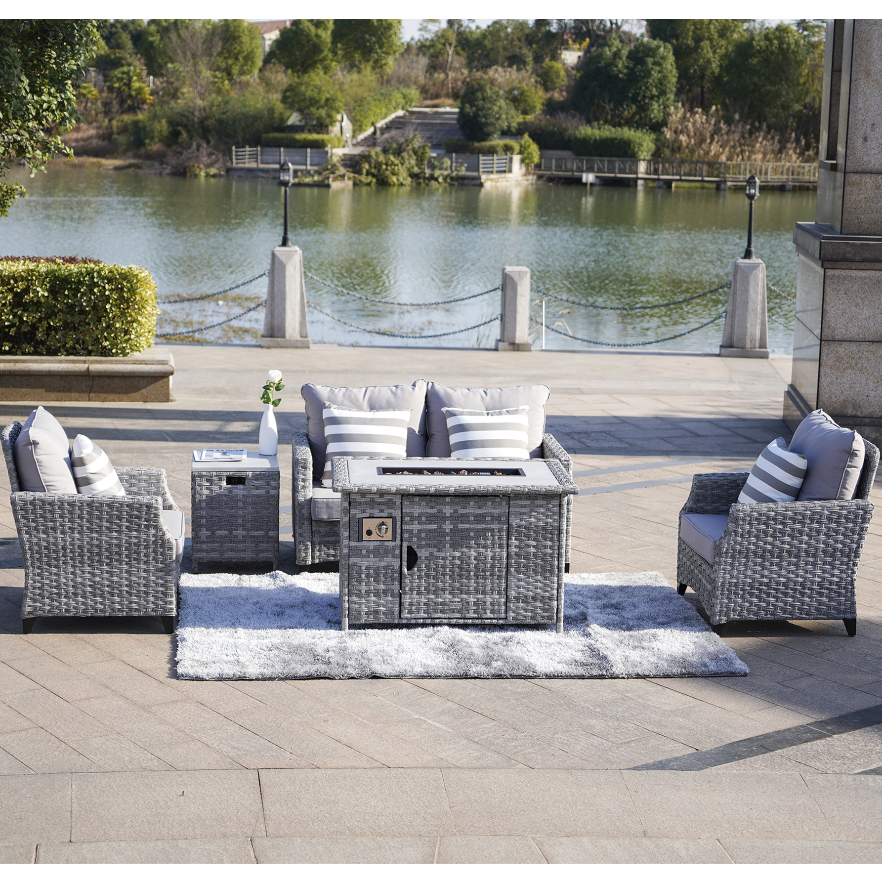 Rattan 4 seat outdoor gas fire pit sofa set